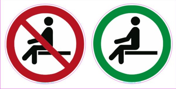 Opozorilni znaki covid Prepovedano sedenje – dovoljeno sedenje – premer 100 mm
